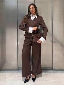 Siren Gaze Chic Two-Piece Suit Set For Women Featuring A Belted V-Neck Jacket And Straight-Leg Wide-Leg Trousers-Versatile For Office, Casual Teachers' Day - Brown - View 4