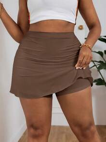 SHEIN PETITE CURVE Spring/Summer Vacation Style Solid Color Ruched Ruffle Hem Plus Size Skirt Fall - Brown - View 7