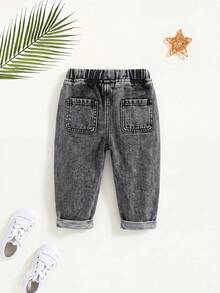 Cozy Pixies Baby Boys Casual Washed Elastic Waist Denim Jeans - Grey - View 2