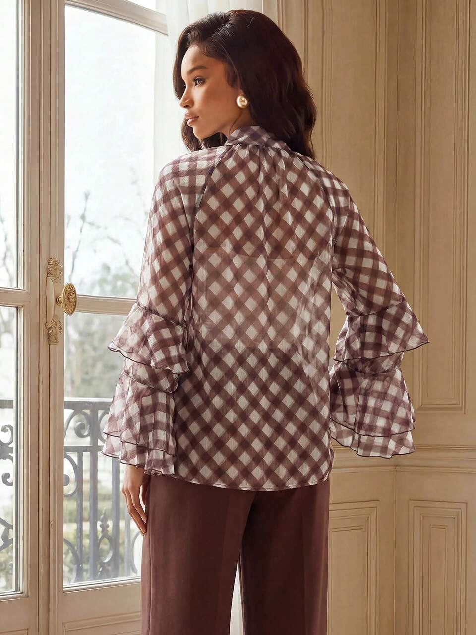 Anewsta Casual Vintage Elegant Brown And White Polka Dot Gingham Print Bow Neck Ruffle Blouse Office Tea Party Autumn
