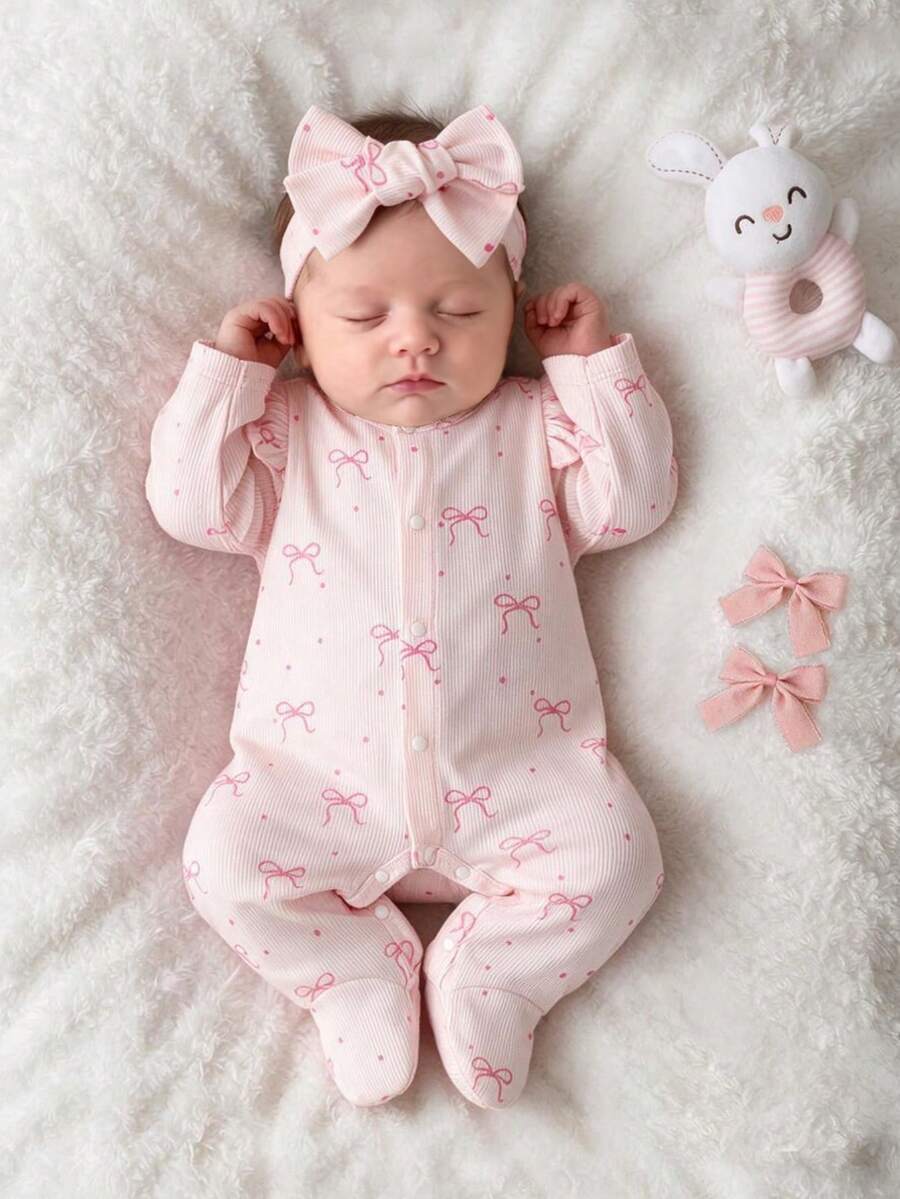 SHEIN Newborn Baby Girl Cute Pink Bowknot Romper & Headband 2pcs Set - Baby Pink - View 1