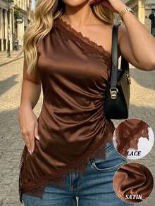 SHEIN 女款極簡優雅單肩棕色蕾絲飾邊拼接不對稱下擺無袖時尚緞面襯衫,適合約會、度假、休閒日常穿著、派對 - 棕色 - 查看 2