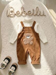 Baby Boy Cartoon Bear Pattern Corduroy Romper - Brown - View 5