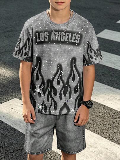 Tween Boys Y2K Graffiti Letter Short Sleeve T-Shirt And Shorts Set, Casual Streetwear, Comfortable Fashion Summer/Fall Outfit, Back To School NK