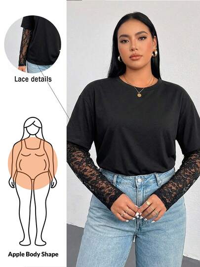 Shapeblank Top 2 en 1 negro para mujer talla grande, de otoño, casual elegante, holgado, elástico, cómodo, básico versátil, efecto estilizante, con patchwork de encaje, para oficina y uso diario