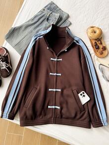 Comfortcana Plus Size Women's Casual Vintage American Style Brown Thin Jacket With Frog Buttons, Suitable For Daily Wear Fall - Brown - View 1