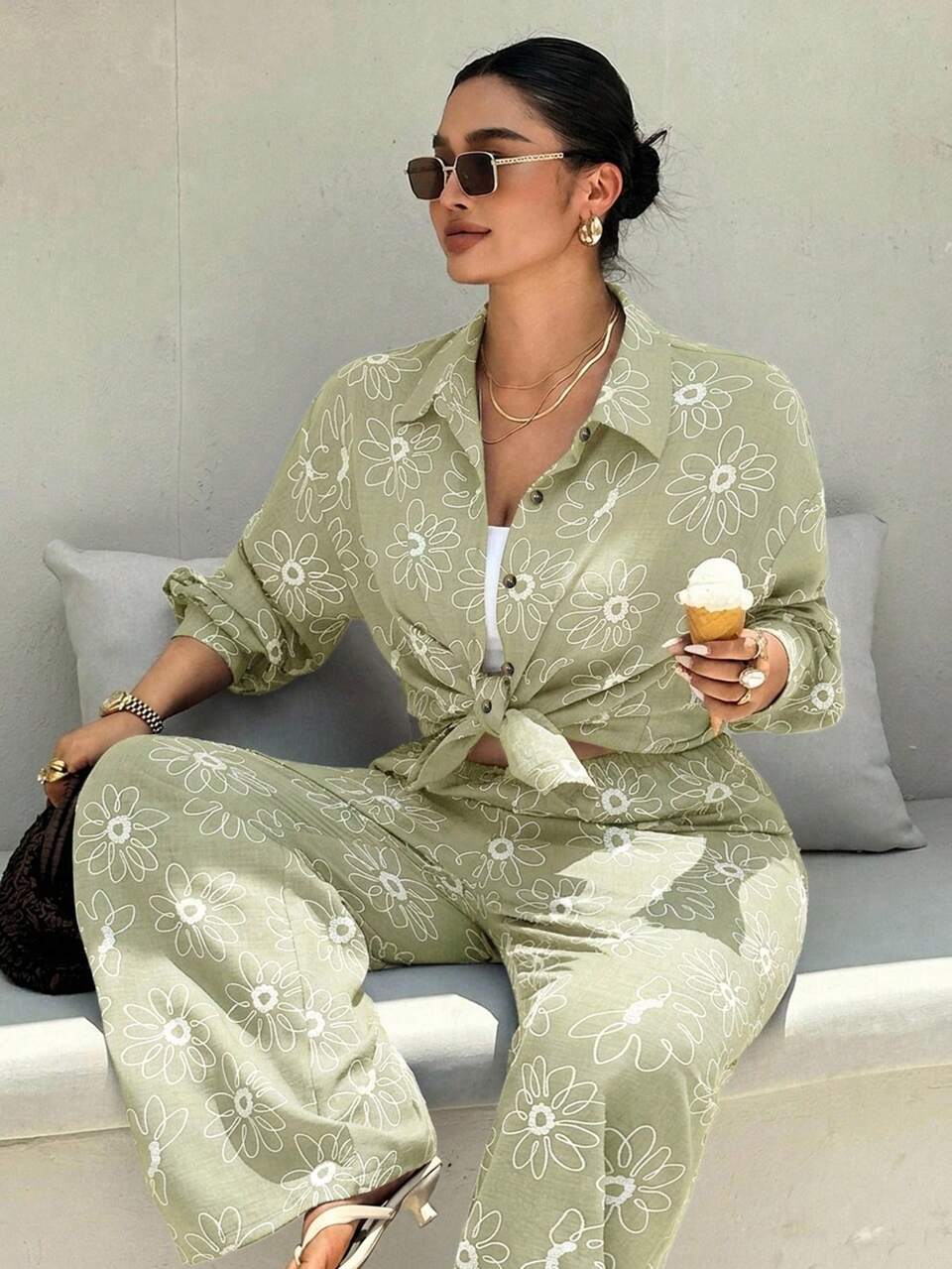 Dazy Plus Blue Western Style Beach Vacation Pattern Loose Minimalist Women Spring Summer Autumn Long Sleeve 2 Pieces Set