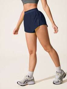 Easithlete Easithlete Casual Versatile Navy Blue Waistband Patchwork Mesh Slimming Storage Pocket Sports Shorts - Navy Blue - View 5