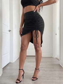 BamGleam 夏季純色束腰分裂修身裙 - 黑色 - 查看 3
