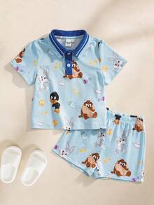 LOONEY TUNES X SHEIN Baby Boy Cartoon Print Short Sleeve Top And Shorts Casual Daily Home Sleepwear Set - Blue - View 1