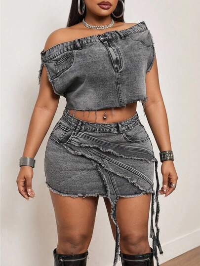 Slaydiva High Waist Fitted Washed Frayed Hem Plus Size Women's Denim Mini Skirt