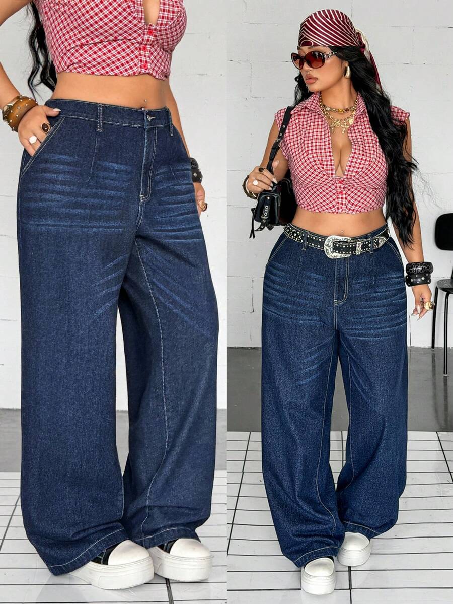 Jeanoix Plus Size Dark Blue Denim Jeans, Premium Texture, Non-Stretch Straight Leg Long Pants - Dark Wash - View 1