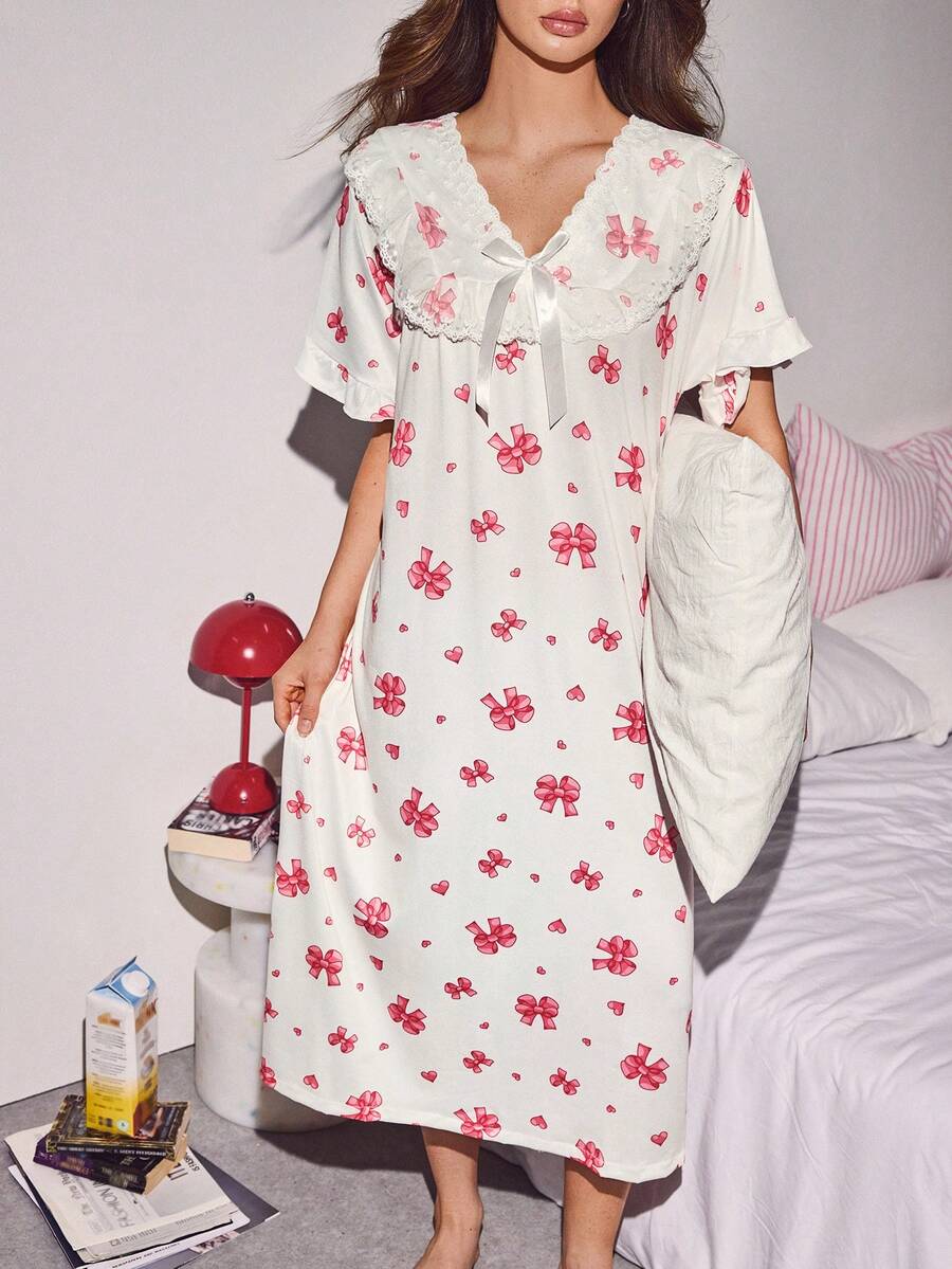 Lowkey Lull Women's Bow Print Nightgown Home Sleep Pink Summer Cute - Multicolor - View 1