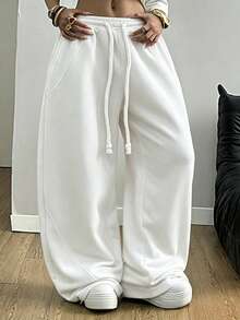 SHEIN Tall CURVE 大尺碼女款街頭風外出慢跑辦公休息套裝，彈性腰頭舒適白色，適合秋冬 - 白色 - 查看 6