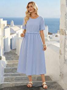 EMERY ROSE Women's Striped Beach Vacation Round Neck Ruffle Short Sleeve Dress - Blue - View 8