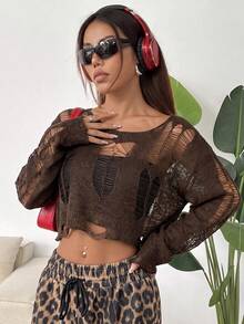SHEIN EZwear 休閒不對稱破洞女款毛衣 - 巧克力棕 - 查看 6