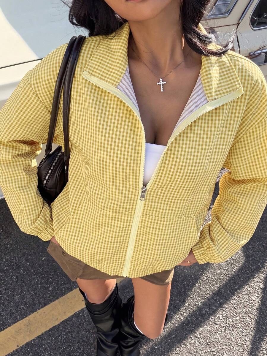 Muchica Plaid Woven Women's Lightweight Jacket - Yellow - View 1