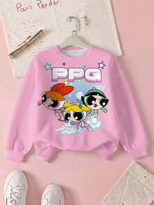 THE POWERPUFF GIRLS X SHEIN 青少年女孩卡通印花圓領抓絨運動衫 - 白色 - 查看 1