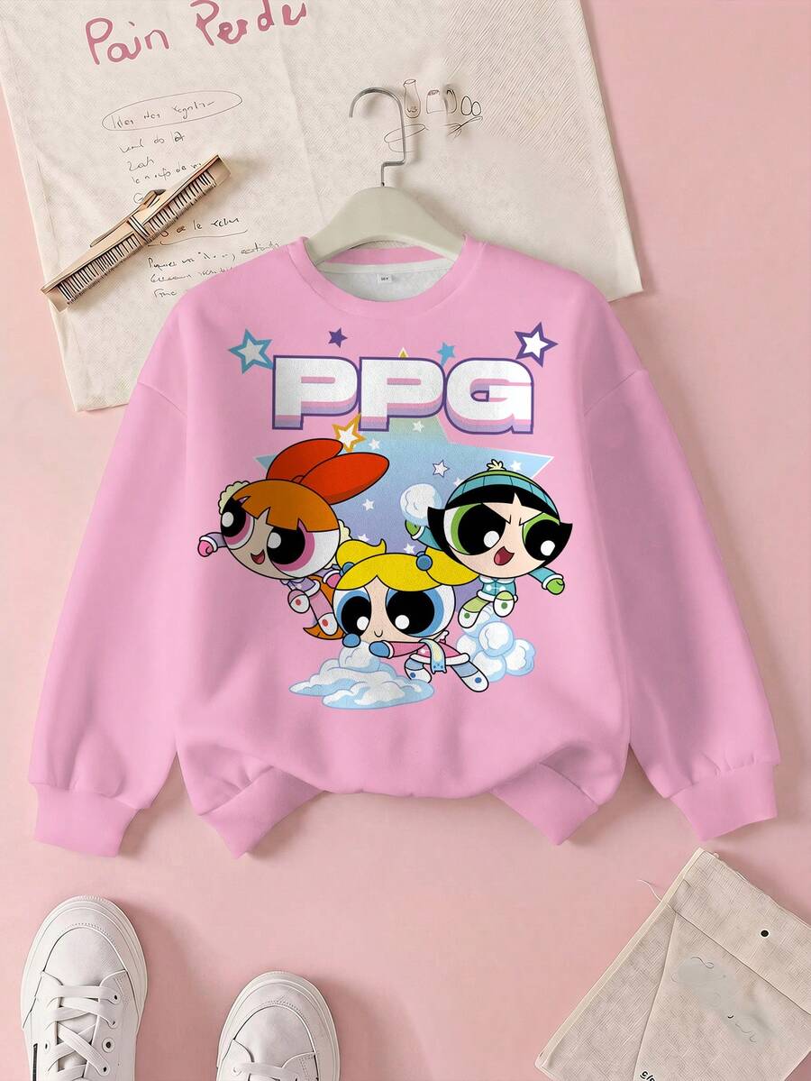 THE POWERPUFF GIRLS X SHEIN 青少年女孩卡通印花圓領抓絨運動衫 - 白色 - 查看 1