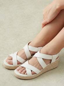 Styleloop Women's Beige Floral Embroidered Rope Woven Wedge Platform Sandals, Bohemian Vacation Style - Beige - View 6