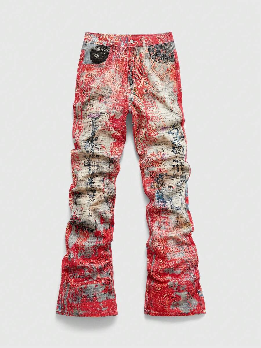 ROMWE MEN Jeans acampanados con estampado retro de moda para hombres - Multicolor - Ver 1