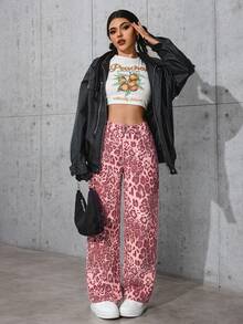 SHEIN PETITE 女款豹紋印花口袋寬腿寬鬆休閒牛仔褲 - 粉色 - 查看 7