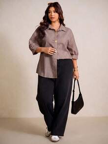 Elaquor Plus Size Casual Commuter Striped Shirt - Brown - View 5