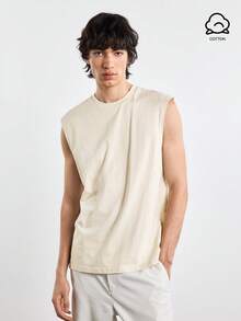 Merionis Men's Minimalist Casual Old Money 100% Cotton Versatile Solid Color Crew Neck Tank Top For Sports And Daily Wear Boxing Brunch Holiday Office - Khaki - View 2