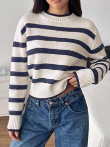 SHEIN Tween Girls Navy Blue White Striped Round Neck Sweater For Fall/Winter Back To School - Navy Blue - View 2