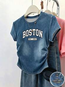 SHEIN 盲盒 3-in-1 隨機發貨 女童青少年女款 收腰抓皺 全印字母圖案 T恤，藍粉白，日常百搭休閒，適合外出與街頭穿搭，春夏秋冬四季皆宜，花卉 T恤，城市 T恤，布魯克林波士頓復古時尚 - 彩色 - 查看 4