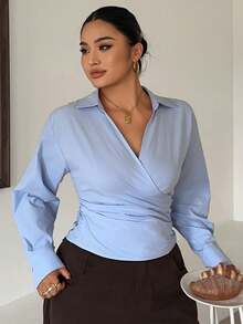 Dazy Plus Solid Color Loose Fit Asymmetrical Collar Tie Long Sleeve Casual Vacation Summer Top Spring Autumn Shirt - Blue - View 5