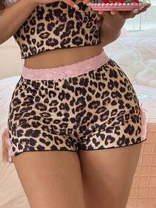 SweetSlumber Women's Young INS Style Fitted Leopard Print Colorblock Lace Patchwork Side Slit Pajama Bottoms - Multicolor - View 2