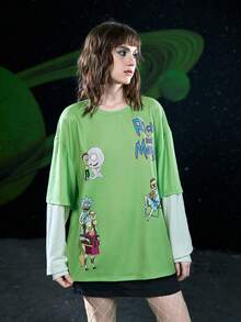 Rick and Morty X SHEIN 1pc Cartoon & Letter Graphic Drop Shoulder 2 In 1 Tee - Lime Green - View 6