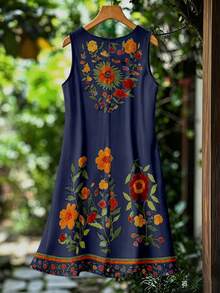 EMERY ROSE 大尺碼女款仿刺繡印花圓領無袖洋裝，舒適度假洋裝 - 彩色 - 查看 2