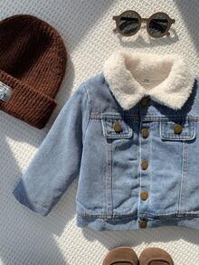 SHEIN 男女嬰兒/幼兒秋冬加厚抓絨內裡休閒時尚牛仔外套，嬰兒棉襖冬裝外套，絎縫外套，抓絨 - 藍色 - 查看 5
