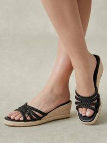 Styleloop Women's Hemp Rope Straw Weave Wedge Heel Black Weave Women's Weave Heel Sandals Hemp Rope Shoes Boho Music Festival Suitable For Going Out On Vaca - Black - View 2