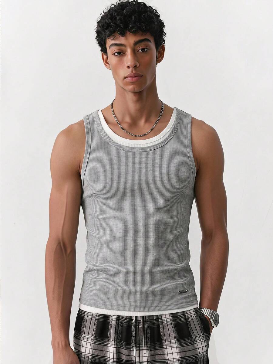 ESTAVOR Men's Standard Size Fashion Casual All-Match Minimalist Slim Fit Versatile Fabric Tank Top - Grey - View 1
