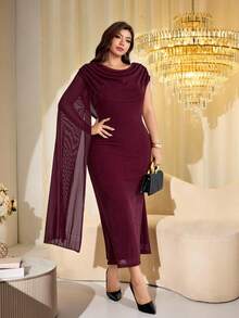 Modelyn Vestido elegante de malla brillante con cuello drapeado, manga extra larga, ajuste ceñido regular, para primavera/verano, talla grande - Burdeos - Ver 5