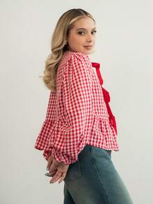 Ximena Robles Ximena Robles 2025年新款夏季女式西部牛仔嬉皮复古圆领格纹印花上衣 - 紅白色 - 查看 7