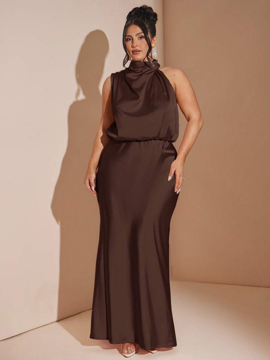 SHEIN BAE فستان ساتان فاخر أنيق بدون أكمام - بني - مشاهدة 1