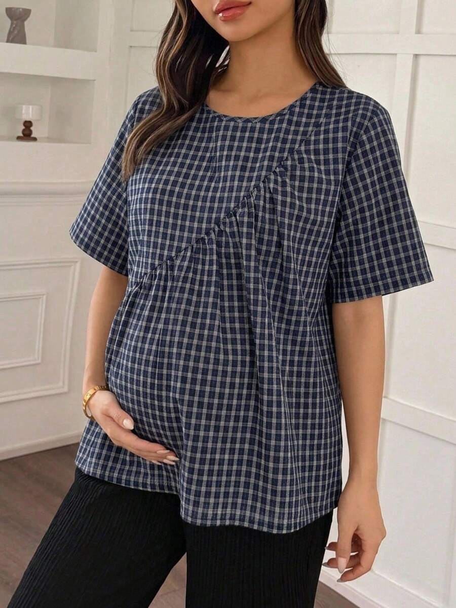 DAZY 白色圓領短袖套頭上衣,百搭春夏休閒孕婦襯衫 - 藏蓝色 - 查看 1