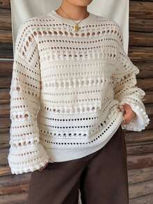 Dazy Plus Solid Color Loose Hollow Out Long Sleeve Casual Vacation Streetwear Autumn/Winter Pullover Knit Sweater - White - View 8