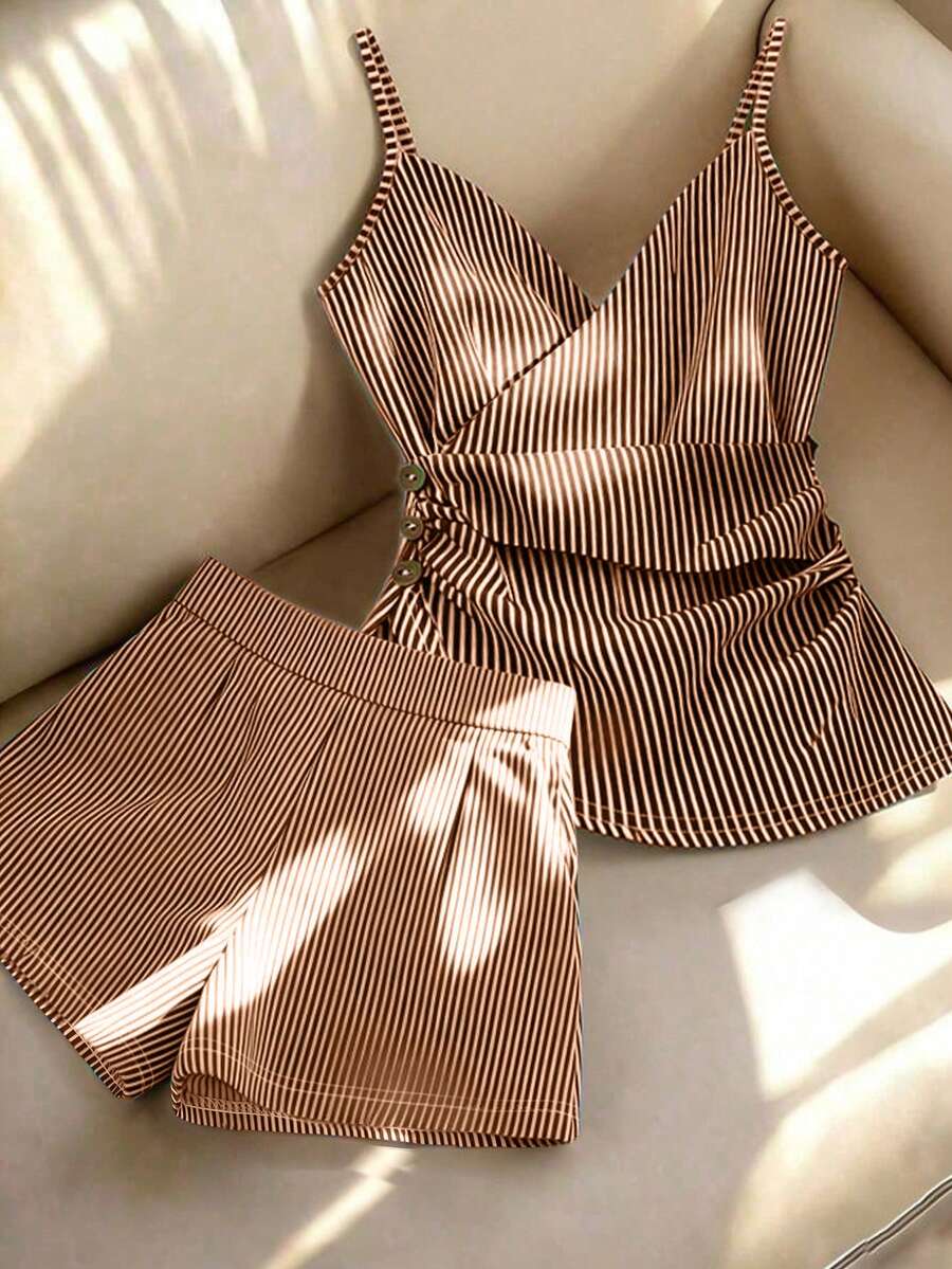 SHEIN Franclia Spring/Summer New High-End French Striped Pattern Pleated Decor Button-Up Elegant Sophisticated Women's Top + Striped Shorts, Women's Shorts, Sleeveless Top, Spring Clothing, Summer Outfit, Women's Spring/Summer Set, Women's Blue And White Two Pieces Set, Vacation, Outing, Y2K, Spring, Summer, Back To School, Casual, Beach, Business, Women's Spring/Summer Set - Rust Brown - View 1