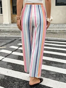 SHEIN Frenchy 女款度假休閒條紋拼接綁腰長褲 - 彩色 - 查看 2