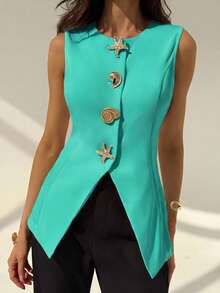Aloruh Rompi Blazer Wanita dengan Dekorasi Bintang Laut Logam - Teal Blue - View 7