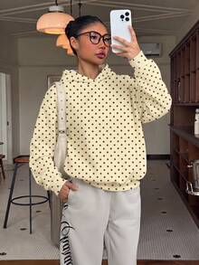 SHEIN 復古梅納反應焦糖棕與奶油黃波點，外出，氛圍感慵懶穿搭，青少年女孩休閒極簡寬鬆舒適衛衣，適合秋冬，適合日常通勤、外出、聚會、秋冬夏、派對、海灘、畢業典禮，時尚、優雅、休閒 - 彩色 - 查看 4