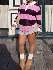 Muchica Plus Size Casual Flapper 1920s Colorblock Striped T-Shirt, Summer/ Back-To-School Vacation Pink Fall - Multicolor - View 5