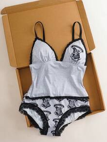 HARRY POTTER X SHEIN Women's Letter Print Camisole Bra Set - Grey - View 3