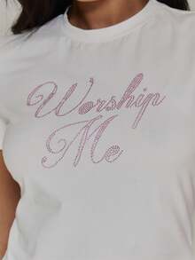 MUSERA White Cotton Diamante 'Worship Me' Tshirt Summer Autumn Cute Everyday Y2K Autumn Fall Winter - White - View 6