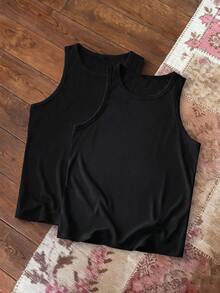 SWAVVY Men's Casual Versatile Solid Color Tank Top - Black - View 2